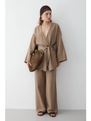 Laluvia Sütlü Kahve Pamuklu Kimono Bol Paça Pantolon Takım