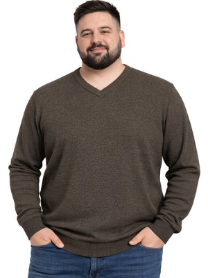 Battal Moda Erkek Büyük Beden Koyu Vizon V Yaka Triko Kazak 3xl-4xl-5xl-6xl