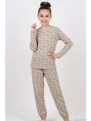 Breeze Kız Çocuk Pijama Takımı Çiçek Desenli Beli Paçası Lastikli 9-12 Yaş, Bej