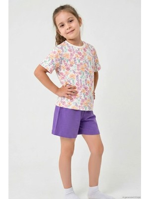 Breeze Kız Çocuk Şortlu Pijama Takımı Renkli Çiçek Desenli 4-8 Yaş, Beyaz