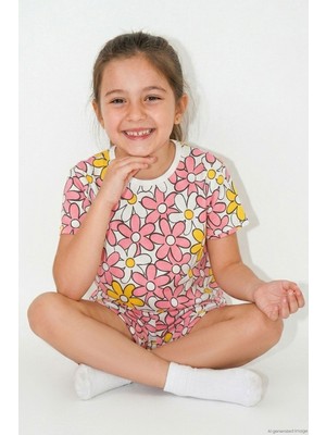 Breeze Kız Çocuk Şortlu Pijama Takımı Renkli Papatya Desenli 4-8 Yaş, Karışık Renk
