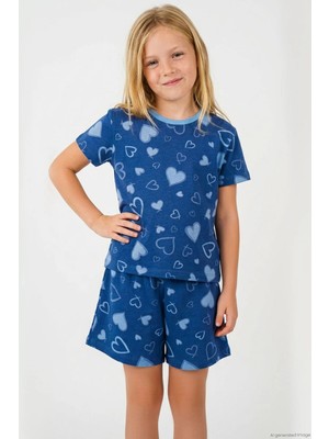 Breeze Kız Çocuk Şortlu Pijama Takımı Kalp Desenli 4-8 Yaş, Indigo