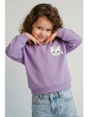 Breeze Kız Çocuk Sweatshirt Minik Taçlı Kedi Prenses Baskılı Sırt Baskı Detaylı 1.5-5 Yaş, Lila