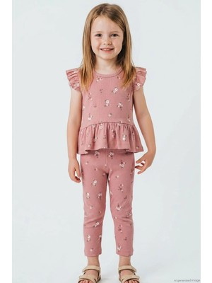 Breeze Kız Çocuk Kapri Taytlı Takım Çiçek Desenli 1.5-5 Yaş , Gülkurusu
