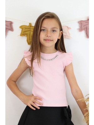 Breeze Kız Çocuk Tişört Kemer Boy Yakası Zincir Aksesuarlı 9-14 Yaş, Pembe