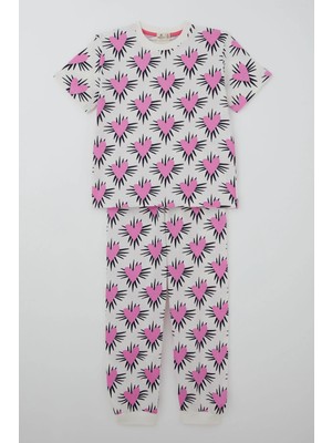 Paty Kids Breeze Kız Çocuk Pijama Takımı Kısa Kollu Kalp Desenli 8-12 Yaş, Ekru