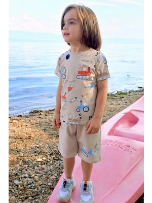 Breeze Erkek Çocuk Şortlu Takım Eğlenceli Iş Makineleri Desenli 1.5-5 Yaş, Bej