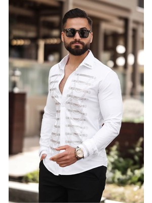 Zincir Motifli Slim Fit Gömlek Klasik Yaka Erkek Taş Işlemeli