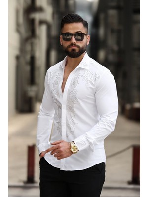 Damla Motifli Slim Fit Erkek Taş Işlemeli Klasik Yaka Gömlek