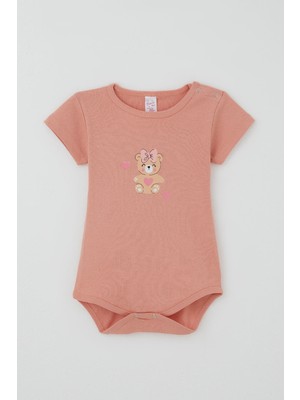 Breeze Kız Çocuk Çıtçıtlı Kısa Kollu Zıbın Body Sevimli Bebek Ayıcık  Baskılı 1-3 Yaş , Gülkurusu