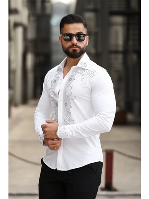 Damla Motifli Slim Fit Erkek Taş Işlemeli Klasik Yaka Gömlek