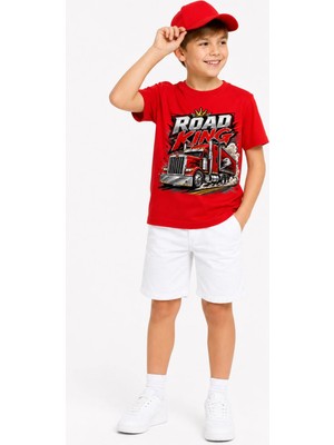 Road King Kırmızı Tır %100 Pamuk Premium Kalite Erkek Çocuk Tişörtü