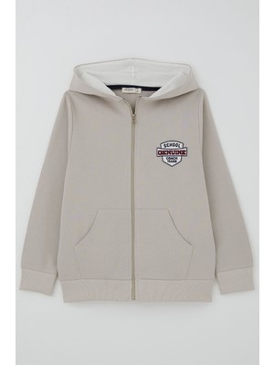 Breeze Erkek Çocuk Kapüşonlu Hırka Fermuarlı Nakış Arma Detaylı 8-12 Yaş , Taş