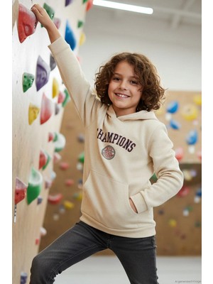 Breeze Erkek Çocuk Sweatshirt Yazı Baskılı Kapüşonlu 4-8 Yaş, Krem