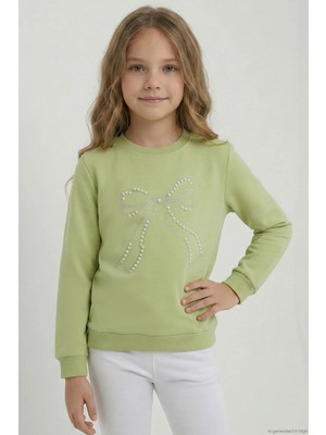 Breeze Kız Çocuk Sweatshirt Inci Taş Işlemeli 7-12 Yaş, Fıstık Yeşili