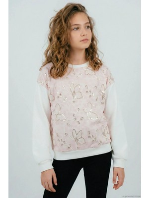 Breeze Kız Çocuk Sweatshirt Pullu Kelebek Işlemeli Tülü Çiçek Detaylı 8-12 Yaş, Pembe