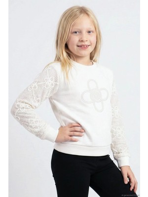 Breeze Kız Çocuk Sweatshirt Kolları Çiçek Aplike Işlemeli File Detaylı 5-10 Yaş, Ekru