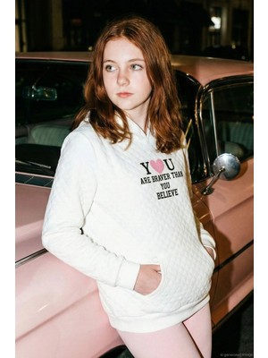 Breeze Kız Çocuk Sweatshirt Kapitone Desenli Kanguru Cepli 8-14 Yaş, Ekru
