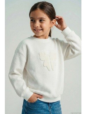 Breeze Kız Çocuk Sweatshirt Örgü Aplike Fiyonk Armalı 5-9 Yaş, Ekru