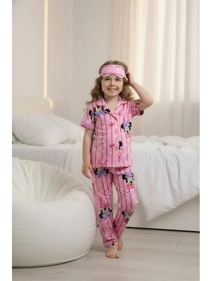 Lillypicca Pembe Desenli Pamuklu Önden Düğmeli Göz Bantlı Kısa Kol Pijama Takımı 8023