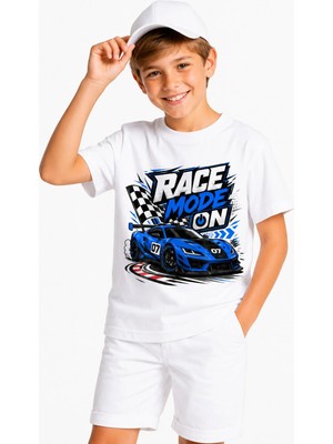 Race Mode On Yarış Arabası %100 Pamuk Premium Kalite Erkek Çocuk Tişörtü