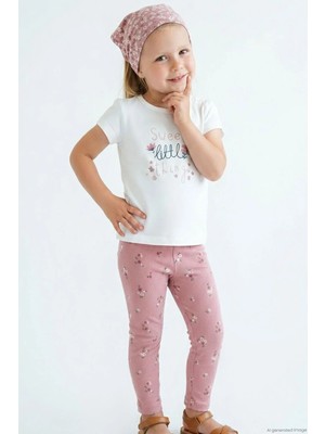 Breeze Kız Çocuk Kısa Kollu Taytlı Takım Çiçek Desenli 1.5-5 Yaş , Ekru