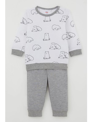 Breeze Erkek Bebek Pijama Takımı Omuzdan Patlı Sevimli Kutup Ayıcığı Desenli 4 Ay-1 Yaş, Beyaz