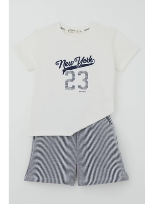 Breeze Erkek Çocuk Şortlu Takım Yazı Baskılı Şortu Çizgili 1.5-5 Yaş , Ekru