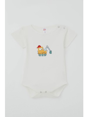 Breeze Erkek Çocuk Çıtçıtlı Kısa Kollu Zıbın Body Şapkalı Sevimli Iş Makinesi Baskılı 1-3 Yaş , Ekru