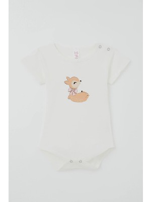 Breeze Kız Çocuk Çıtçıtlı Kısa Kollu Zıbın Body Sevimli Ceylan Baskılı 1-3 Yaş , Ekru