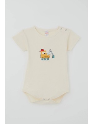 Breeze Erkek Çocuk Çıtçıtlı Kısa Kollu Zıbın Body Şapkalı Sevimli Iş Makinesi Baskılı 1-3 Yaş , Krem