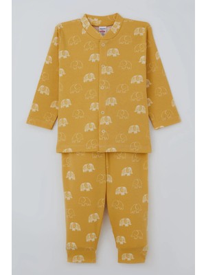 Breeze Erkek Bebek  Pijama Takımı Sevimli  Bebek Fil Desenli Önden Çıtçıtlı 4 Ay - 1 Yaş , Hardal Sarı
