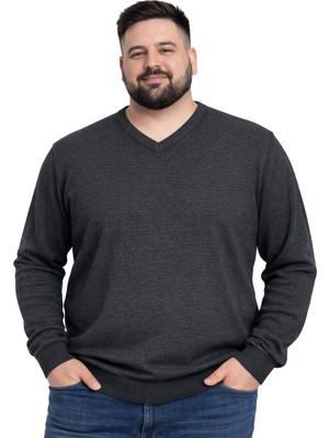 Battal Moda Erkek Büyük Beden Antrasit V Yaka Triko Kazak 3xl-4xl-5xl-6xl