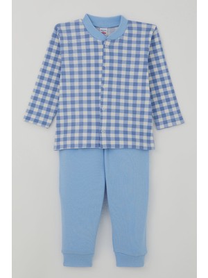 Breeze Erkek Bebek Pijama Takımı Ekose Desenli Önden Çıtçıtlı 4 Ay-1 Yaş, Mavi