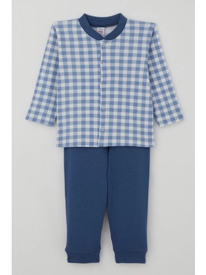 Breeze Erkek Bebek Pijama Takımı Ekose Desenli Önden Çıtçıtlı 4 Ay - 1 Yaş , Mavi