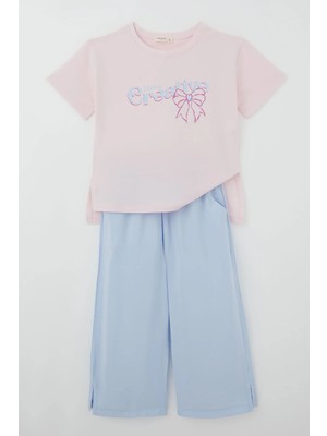 Breeze Kız Çocuk Pantolonlu Takım Ilham Temalı Fiyonk Baskılı Yırtmaçlı 8-14 Yaş , Pembe
