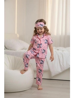 Lillypicca Pembe Desenli Pamuklu Önden Düğmeli Göz Bantlı Kısa Kol Pijama Takımı 8016