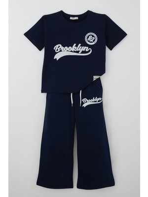 Breeze Kız Çocuk Pantolonlu Takım Brooklyn Yazı Baskılı Bağcıklı 8-14 Yaş, Lacivert