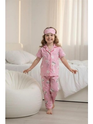 Lillypicca Pembe Desenli Pamuklu Önden Düğmeli Göz Bantlı Kısa Kol Pijama Takımı 8024