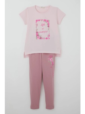 Breeze Kız Çocuk Taytlı Takım Çiçek Baskılı 5-10 Yaş , Pembe