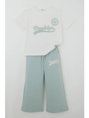 Breeze Kız Çocuk Pantolonlu Takım Brooklyn Yazı Baskılı Bağcıklı 8-14 Yaş , Ekru