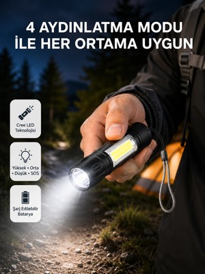 Epilons Ultra Dayanıklı 4 Mod Şarjlı Işıldak | Suya ve Darbeye Dayanıklı | 100.000 Saat LED Ömrü
