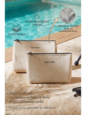 Ocean Home Textile 2'li Termal Astarlı Su Itici Leke Tutmaz Jüt Keten Makyaj Çantası Seti 22 x 14 / 23 x 16 x 7 cm