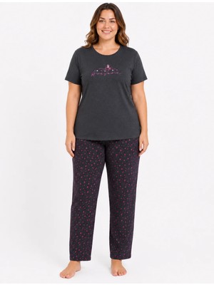 Sleeproom Büyük Beden Kadın Yazlık Kısa Kol Awesome Antrasit Pijama Takımı