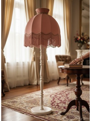 dekovien Pembe Kadife Başlık Beyaz Ahşap Ayaklı Taçlı Lambader Vintage Model 50X170CM