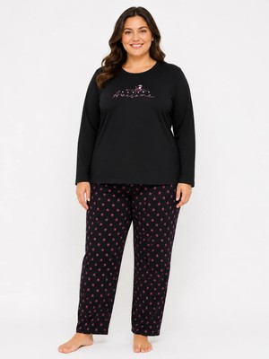 Sleeproom Büyük Beden Kadın Mevsimlik Uzun Kol Awesome Siyah Pijama Takımı