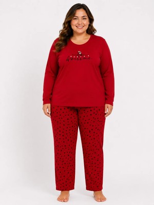 Sleeproom Büyük Beden Kadın Mevsimlik Uzun Kol Awesome Kırmızı Pijama Takımı