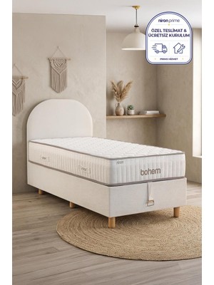 Niron Bohem Pocket Düz 90X190 cm Tek Kişilik Yatak Baza Başlık Seti - Pocket Orta Sert