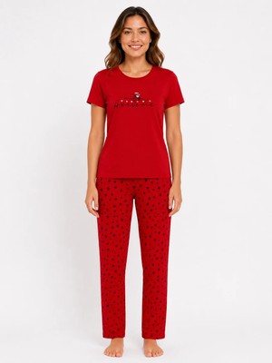 Sleeproom Kadın Yazlık Kısa Kol Awesome Kırmızı Pijama Takımı