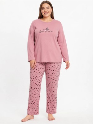 Sleeproom Büyük Beden Kadın Mevsimlik Uzun Kol Awesome Pembe Pijama Takımı